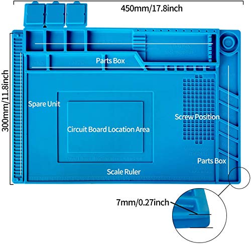 Kaisiking S-160 Silicone Repair Mat with Magnetic Feature, 2 ESD Tweezers and Anti-Static Wrist Strap for Electronics Soldering, 17.8 x 11.8 inch - color: 160 Soldering Mat Kit