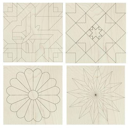 6" Barn Quilt Kit Set 4 | Butterfly, Patch Star, Dresden Flower, Starburst | Unfinished wooden quilt blocks to paint for DIY farmhouse wall art, craft parties, quilting decor, and family craft projects. - size: 6 inches (set of 4), style: Butterfly, Patch