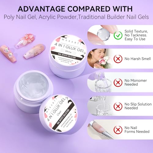 Makartt 3D Gel Nail Art for Nails Starter Kit: Clear and White 3D Sculpting Gel Non-Sticky Molding Carving Glue Extension Builder DIY Manicure Gold & Silver Chrome Powder Solid Soak Off Hard Gels - color: Clear & White Starter Kit