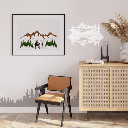 Sitsink Forest Stencils for Painting on Wood - Reusable Reindeer Mountain Scenery Stencils for Crafts Decorating Wall Fence Door Garden Fabric - style: forest