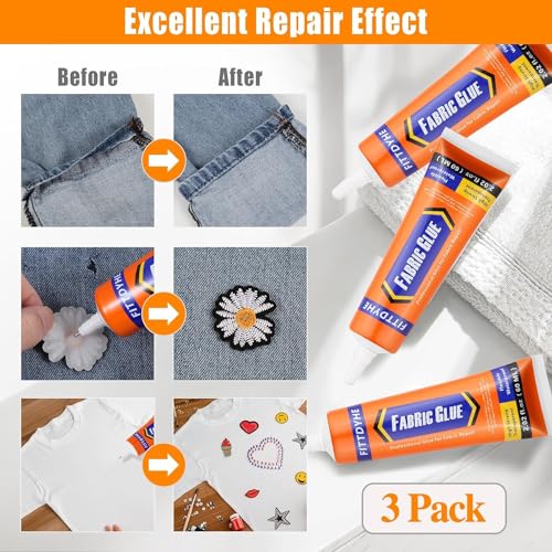 3Pcs Fabric Glue Permanent, 60 ML Washable Clear Clothing Glue, Super Fabric Glue for Rhinestones, Patches, Clothes, Denim, Leather, Polyester, Fabrics, Doll Repair, Flannel, Cotton - size: 3 count