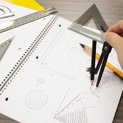 BAZIC Math Geometry Set 5 Pieces, Compass, Protractor, Ruler, 2 Triangle Rulers, Plastic Clear Measuring Sets for Students Professional, 1-Pack | 4-piece geometry set (12 in ruler; 30/60 and 45/90 triangles; 180-degree protractor) plus a compass