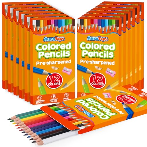 AuroTops 12 Pack Colored Pencils for Kids,144 Count Pre-Sharpened Colored Pencils Bulk,12 Color Pencil for Classroom Prizes Gifts for Kids,Back to School Supplies,Coloring Pencil Art Supplies