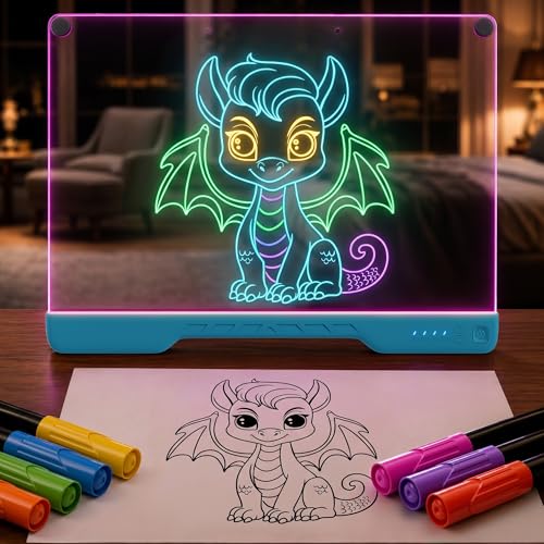 Upgraded 16-Inch LED Drawing Board Rechargeable – 7 Colors, 10 Lighting Effects, Adjustable Brightness – Acrylic Light Board for Tracing with Stand, Markers & Complete Set – Birthday Gift Idea (Blue) - color: Blue #1