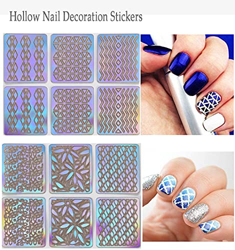 Nail Stencils for Nail Art Reusable,Nail Vinyl Stencils Sticker 144 Pieces 72 Designs,Hollow DIY Manicure Decoration Decals French Tip Nail Guides Supplies（24 Sheets Silver）