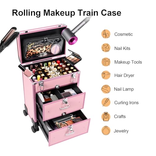 3 in 1 Rolling Makeup Case, Professional Cosmetology Case on Wheels, Detachable Clear Makeup Bag & Nail Polish Organizer, Portable Makeup Trolley with Drawers for Makeup Artists & Nail Technicians - color: Pink