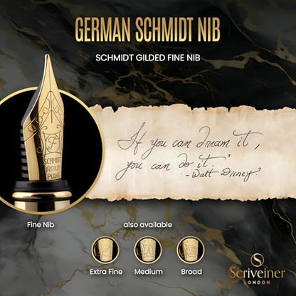 Scriveiner Luxury Fountain Pen - Stunning Black Lacquer Pen, Real Gold Finish, Schmidt Gilded Nib (Fine), Converter, Best Pen Gift Set for Men & Women, Professional, Executive, Office, Nice Pens - color: 1. Black with Gold, style: Fine Nib