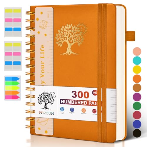 PERCUN Spiral Notebook 300 Numbered Lined Pages Hardcover Journal 5.9"x8.5" | College Ruled Spiral Bound Notebook with Tabs, A5 Leather Journal for Women Men, Work, School, Travel, Writing & Note Taking - color: Orange, size: A5 size (5.9in x 8.5in)
