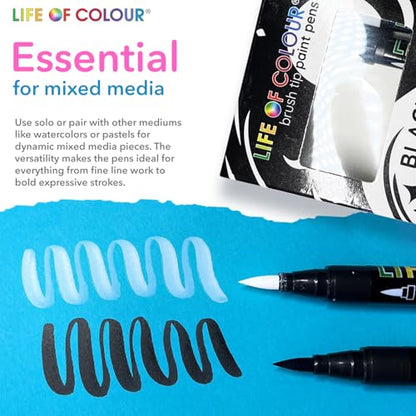 Life of Colour Black & White Brush Tip Acrylic Paint Pens | Permanent Black & White Acrylic Paint Pens for Detailing, Lettering, Ceramics, Canvas, Rocks & Creative Crafts. - style: Black and White Brush Tips