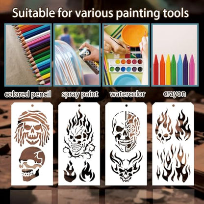12 Sheets Skeleton Flame Painting Stencils, 24 Styles Halloween Skull Drawing Templates Reusable Border Stencil for Painting on Wall Wood Home Decor - style: Skeleton Flame