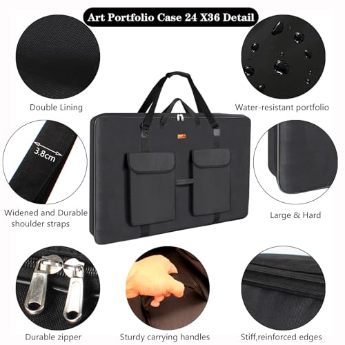 TreochtFUN Art Portfolio Bag 36 x 48 in - Waterproof Artist Carrying Bag Soft Side Sturdy with Strap, Heavy Duty Storage for Artwork Drawing Canvas Poster,(Black) - size: 36 x 48