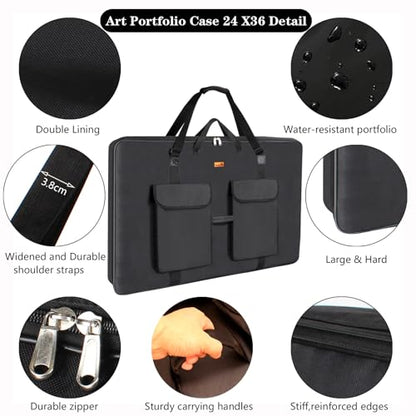 TreochtFUN Art Portfolio Bag 36 x 48 in - Waterproof Artist Carrying Bag Soft Side Sturdy with Strap, Heavy Duty Storage for Artwork Drawing Canvas Poster,(Black) - size: 36 x 48