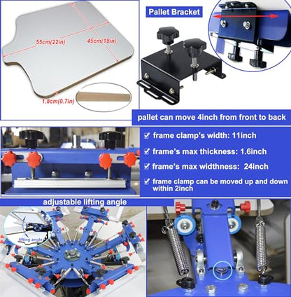 Screen Printing Kit 6 Color 6 Station Micro-Registration with Accessories Washout Tank Squeegee Mesh Frame