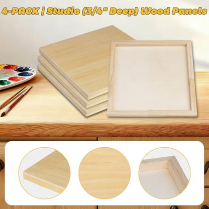 4 Pack 12x12 Basswood Wood Canvas Board – Studio 3/4'' Deep Cradled Wood Panels for Painting, Crafts, Oil & Resin Art - Sturdy Wood Painting Boards for Artists and DIY Crafters - size: 12x12" - 4Pack