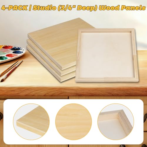 4 Pack 12x12 Basswood Wood Canvas Board – Studio 3/4'' Deep Cradled Wood Panels for Painting, Crafts, Oil & Resin Art - Sturdy Wood Painting Boards for Artists and DIY Crafters - size: 12x12" - 4Pack