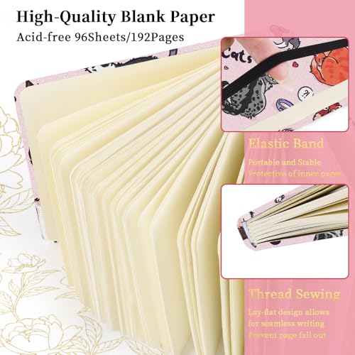 Square 4.8x4.8 inches 80gsm 96sheets/192 Pages Notebooks Blank Sketchbooks Travel Journal Pocket Hardcover Paint Writing Diary Memo Planner Cloth Cover. Pink Cat - color: Cloth Cover-4.8x4.8in-Pink Cat