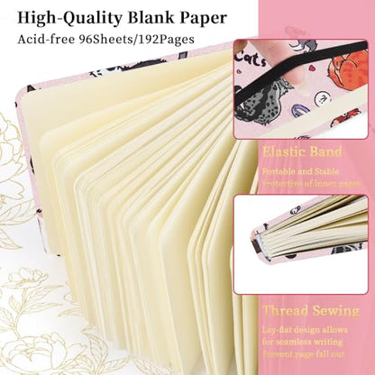 Square 4.8x4.8 inches 80gsm 96sheets/192 Pages Notebooks Blank Sketchbooks Travel Journal Pocket Hardcover Paint Writing Diary Memo Planner Cloth Cover. Pink Cat - color: Cloth Cover-4.8x4.8in-Pink Cat