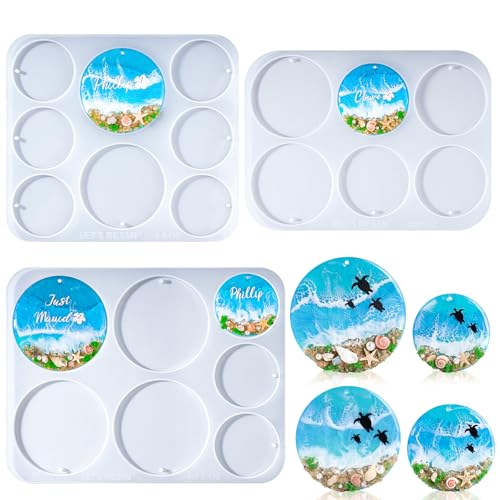 LET’S Resin 21-Cavities Keychain Resin Molds with Hole, 4 Sizes 2.95'' 2.76'' 2.36'' 1.97'' Flat Circle Round Silicone Molds for Resin, Epoxy Resin Molds for DIY Christmas Ornaments,Wedding Favor - color: Round Keychain Molds
