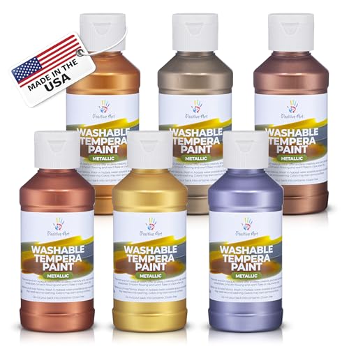 Metallic Washable Tempera Paint – 6 Shimmer Colors, 4 fl oz Bottles, Non-Toxic Kid-Safe School & Craft Paint, Easy Cleanup, Classroom Art Supplies, Made in USA - color: Metallic