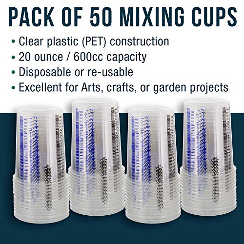TCP Global 20 Ounce (600ml) Disposable Flexible Clear Graduated Plastic Mixing Cups - Box of 50 Cups - Use for Paint, Resin, Epoxy, Art, Kitchen, Cooking, Baking - Measuring Ratios 2-1, 3-1, 4-1, ML