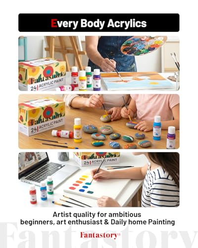 Fantastory Acrylic Paint Set, 24 x 60 ml with 12 Brushes; Christmas Acrylic Paint, Waterproof; For Artwork & DIY Projects on Canvas, Wood, Glass, Clay, Fabric, Ceramic, Paper, Canvas - style: 24 popular Colors