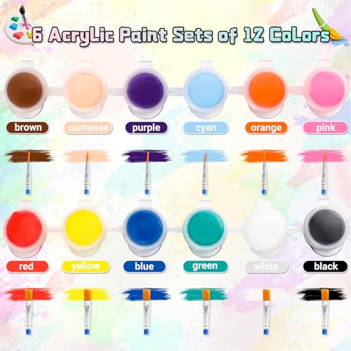 Yihurlm 24 Pack Mini Acrylic Paint Set,12 Colors Acrylic Paint Strips for Kids & Adults, Washable Paint Set with 24 Flat Brushes, 24 Pointed Brushes, Kids Paint Set for Class Painting Artistic Crafts