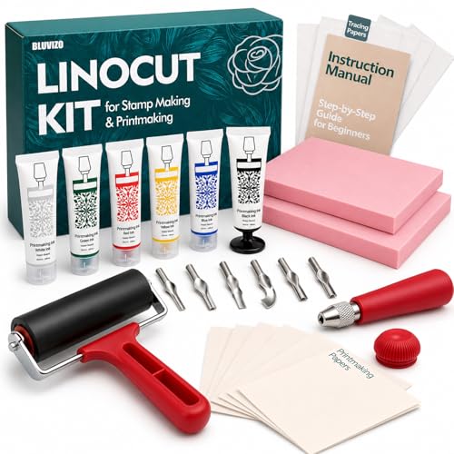 Linocut Tools Block Printing Kit: Deluxe Stamp Carving Printmaking Kit Supplies with Inks, Rubber Blocks, Linoleum Cutters, Brayer, Tracing Papers for Beginners DIY Hobby Gift - color: Multicolor(6 Color Version)