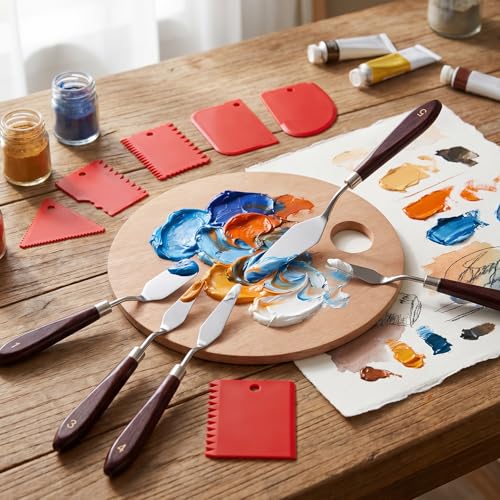 Palette Knife Set, 5pcs Stainless Steel Palette Knives with 6 Plastic Scrapers Small Offset Spatula for Oil, Canvas, Acrylic Painting & Cake Decorating