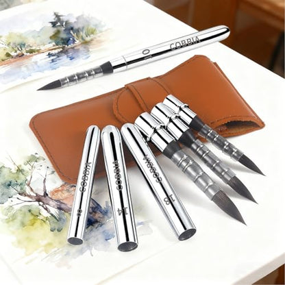 Synthetic Soft Squirrel Mop Round Fine Tip Quill Watercolor Travel Brushes with Leather Pouch for Art Painting, Gouache, Acrylic Painting Oil Painting（4pcs）