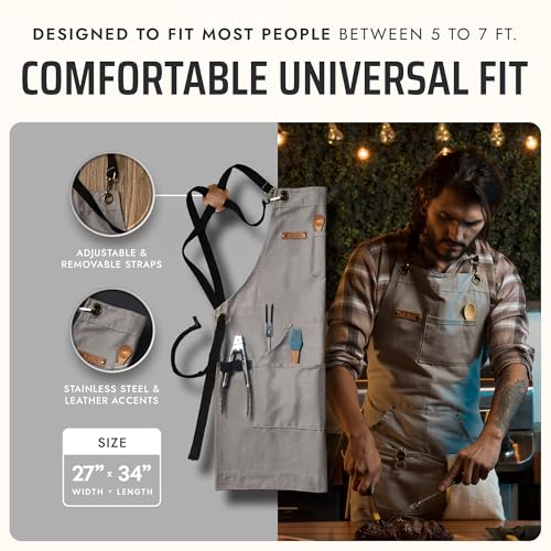 Asaya Chef and BBQ Apron with Bottle Opener and Hand Towel - 10oz Cotton Canvas, Stainless Steel Hardware - Cross Back Straps - color: Grey