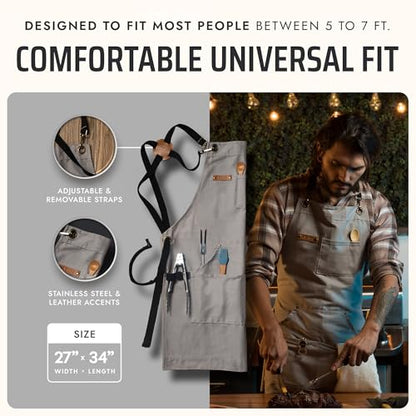 Asaya Chef and BBQ Apron with Bottle Opener and Hand Towel - 10oz Cotton Canvas, Stainless Steel Hardware - Cross Back Straps - color: Grey