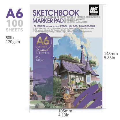 TRANSON 3 Pack A6 Mini Sketchbook Marker Pad, 80lb/120gsm Heavyweight Art Paper, No Bleed Through, 100 Sheets/200 Pages 4.13"x5.83" for Drawing & Sketching - size: 3 PACK A6 120gsm