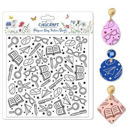 CHGCRAFT School Elements Polymer Clay Texture Sheets Seamless Pattern Books Silicone Texture Mat Modeling Pattern Pad for Jewelry and Clay Earrings Tools, 5.5x5.5 inch - style: School Elements