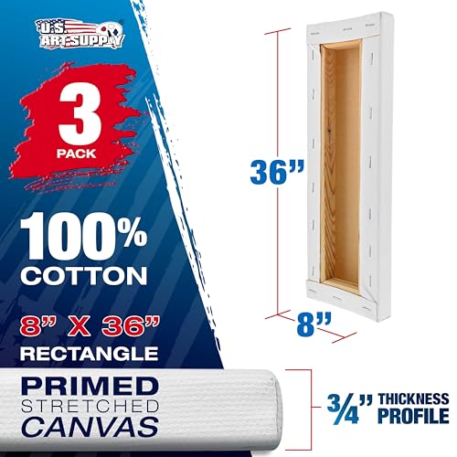 U.S. Art Supply 8 x 36 inch Stretched Canvas for Painting, 12oz Triple Primed, 3-Pack - Professional Artist Quality White Blank 3/4" Profile, 100% Cotton, Heavy-Weight Gesso - Acrylic Pouring, Oil