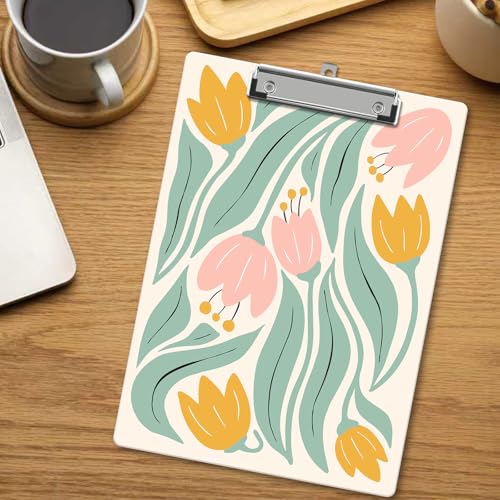 Floral Clipboard, Spring Wooden Decorative Clipboards with Low Profile Clip for Classroom Office, Cute ClipBoards for Teachers Nurses Students - D07 - color: Pink Tulip