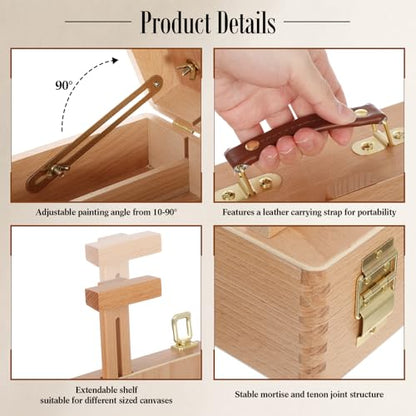 Maitys Tabletop Easel for Painting Set Portable Adjustable Wooden Sketchbox Tabletop Art Easel Stand Palette Brushes Tape Kneaded Eraser for Beginners Painting Sketching Travel