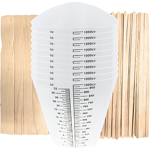[Pack of 10 with Mixing Sticks] EpoxyStix 32oz Triangular Paint/Epoxy Mixing Cups - Includes 20 Large Mixing Sticks - Ideal For Mixing and Precise Pouring - Measurements in Ounces and Cubic Centimeter - size: Pack of 10 with Mixing Sticks