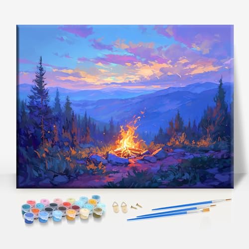 HUINORYA Campfire Glow Camping Framed Canvas DIY Paint by Numbers Kit Bar Cafe Cave Home Room Wall Bathroom Porch Patio Decor Gift, 16 x 12 Inch - color: CAMPFIRE GLOW