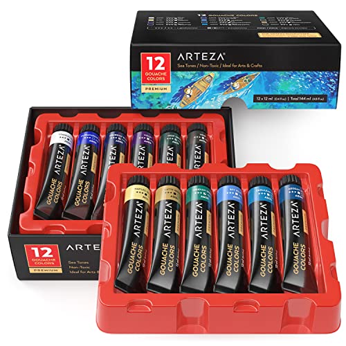 ARTEZA Gouache Paint, 12 Colors, Sea Tones, 0.4 US fl oz Tubes, Opaque Water-Based Paint for Canvas and Paper, Art Supplies for Professionals, Students