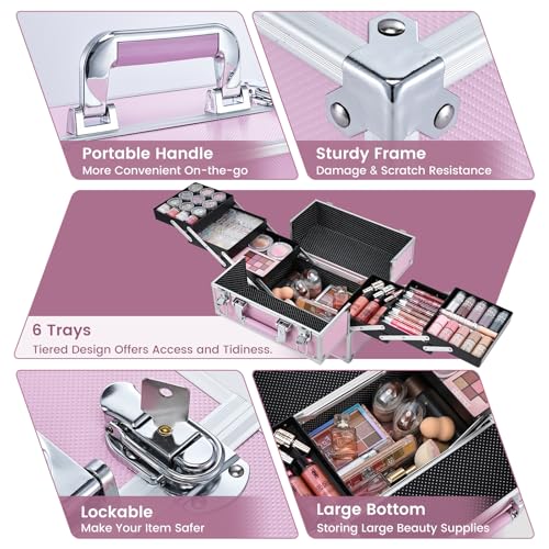 Frenessa Makeup Train Case Large Portable Cosmetic Case - 6 Tier Trays Professional Makeup Storage Organizer Box Make Up Carrier with Lockable keys - Pink - color: Pink