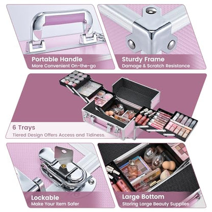 Frenessa Makeup Train Case Large Portable Cosmetic Case - 6 Tier Trays Professional Makeup Storage Organizer Box Make Up Carrier with Lockable keys - Pink - color: Pink