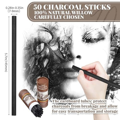 Gueevin 50 Pcs Willow Charcoal Sticks, Willow Charcoal, Artists, Beginners, Students, Perfect for Sketching, Drawing, Shading, and Fine Back to School Christmas Art Gifts (7-9mm) - size: 7-9mm