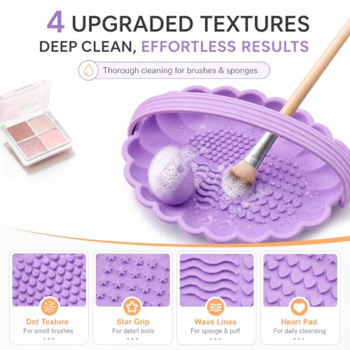 Pinkiou Makeup Brush Cleaner Mat, 3-in-1 Silicone Cosmetic Brushes Cleaning Bowl with Hanging Drying Mesh & Holder Organizer, Multi-Texture Wash Pad Tool for Sponges, Powder Puffs, Home and Travel - color: Purple