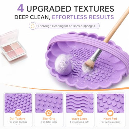 Pinkiou Makeup Brush Cleaner Mat, 3-in-1 Silicone Cosmetic Brushes Cleaning Bowl with Hanging Drying Mesh & Holder Organizer, Multi-Texture Wash Pad Tool for Sponges, Powder Puffs, Home and Travel - color: Purple