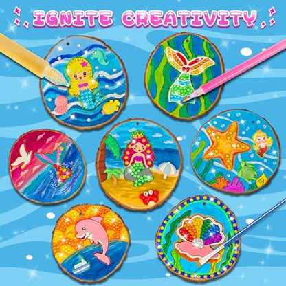 klmars Mermaid Themed Wooden Painting Kit-Glow in The Dark-Arts & Crafts Gifts for Kids Girls Ages 6-12-Wood Slice Craft Activities Kits -Mermaid Art Toys for Kids Christmas Gifts - color: Mermaid