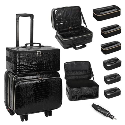 OCHEAL 18" Rolling Makeup Train Case Professional 2-in-1 Trolley Case | | Large Makeup Case, 6 Travel Cosmetic Bags, Pro Artists & Makeup Artists, Beauty Trolley Train Case - color: Black-2 in 1