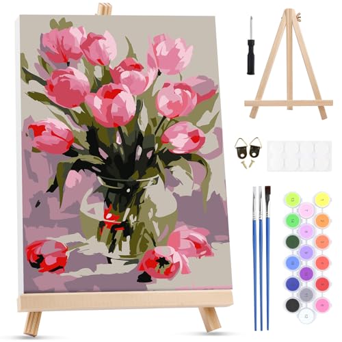 MXJSUA Pink Tulips Framed Paint by Numbers Kit for Adults Beginner with Wooden Easel, Adults' Paint-by-Numbers on Canvas, Easy DIY Acrylic Number Painting for Home Decor Gifts, 8x12 inch - color: Pink Tulips