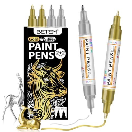 Betem Oil Based Paint Markers, Dual Tip Paint Pens(0.7mm & 3mm), Gold Silver Permanent Paint Marker Pen, Waterproof, Quick Dry, for Fabric, Rock Painting, Wood, Plastic, Metal, Canvas (2Gold2Silver) - color: 2 Gold & 2 Sliver