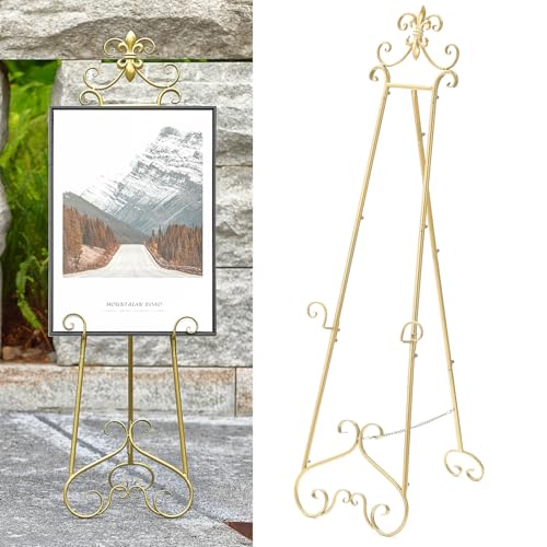 60” H Gold Easel Stand for Sign, Large Adjustable Metal Display Standing for Displaying Pictures Wedding Poster Holder Showcasing with Chain Support - color: Scrollwork Floral Top