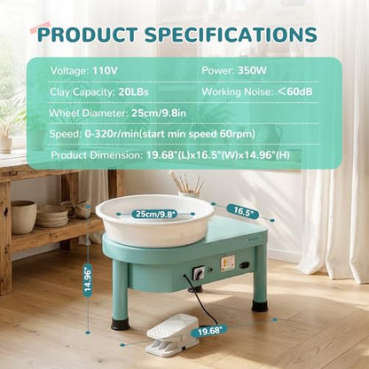 Bonoutil 10" Electric Pottery Wheel with Foot Pedal for Adults, Easy to Center Ceramic Forming Machine Max 20 lbs Capacity Clay Beginner's Art Sculpting Tools Kit for Home Use (Mint Green) - color: Mint Green